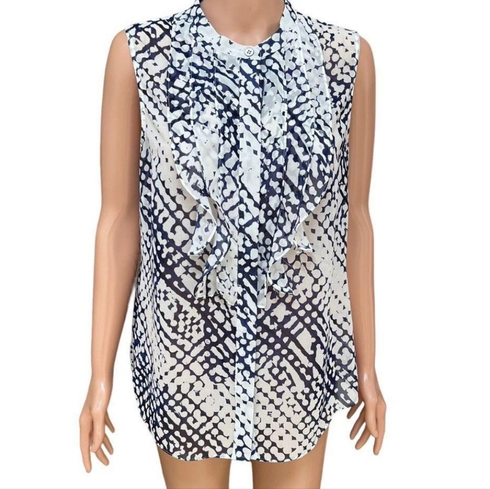 Cabi XS Sleeveless Tank Button Down Crepe Ruffle Blouse Top Navy White